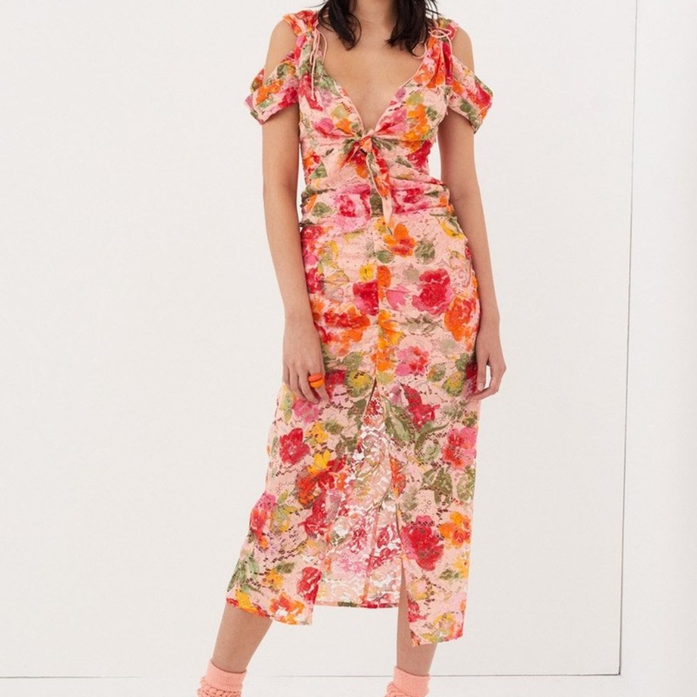 For Love and Lemons Beth Midi Floral Lace Dress in Pink